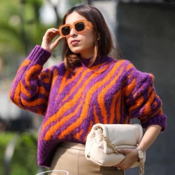 Zara Sweaters - Zara Zebra Chunky Knit Sweater Orange & Purple Oversized